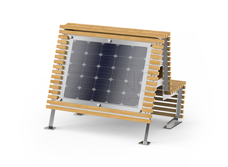 Banco con paneles solares de acero inoxidable y madera de picea Mobiliario urbano con paneles solares | ZANO Mobiliario Urbano