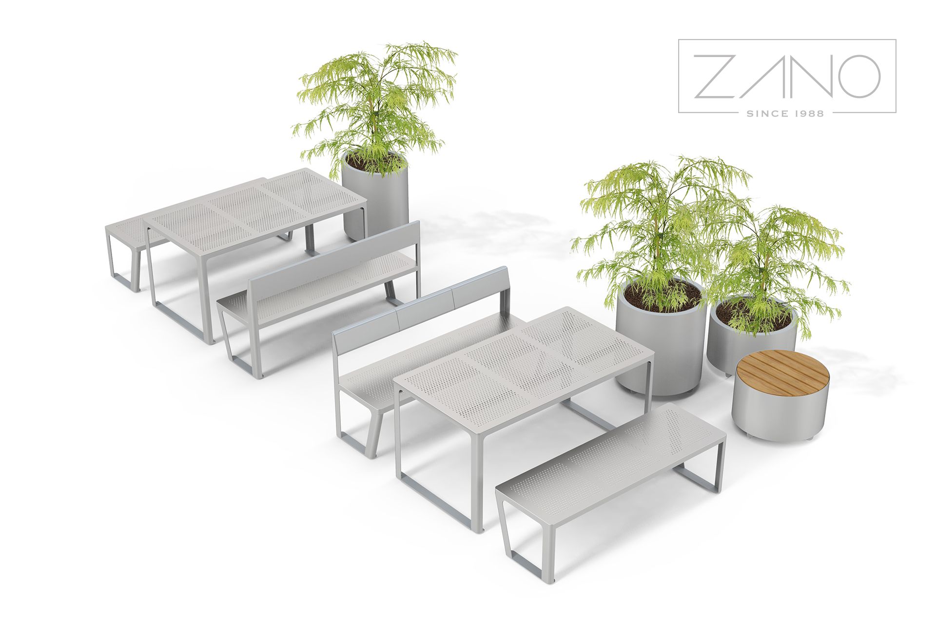 Mesa y bancos urbanos de zano urban furniture
