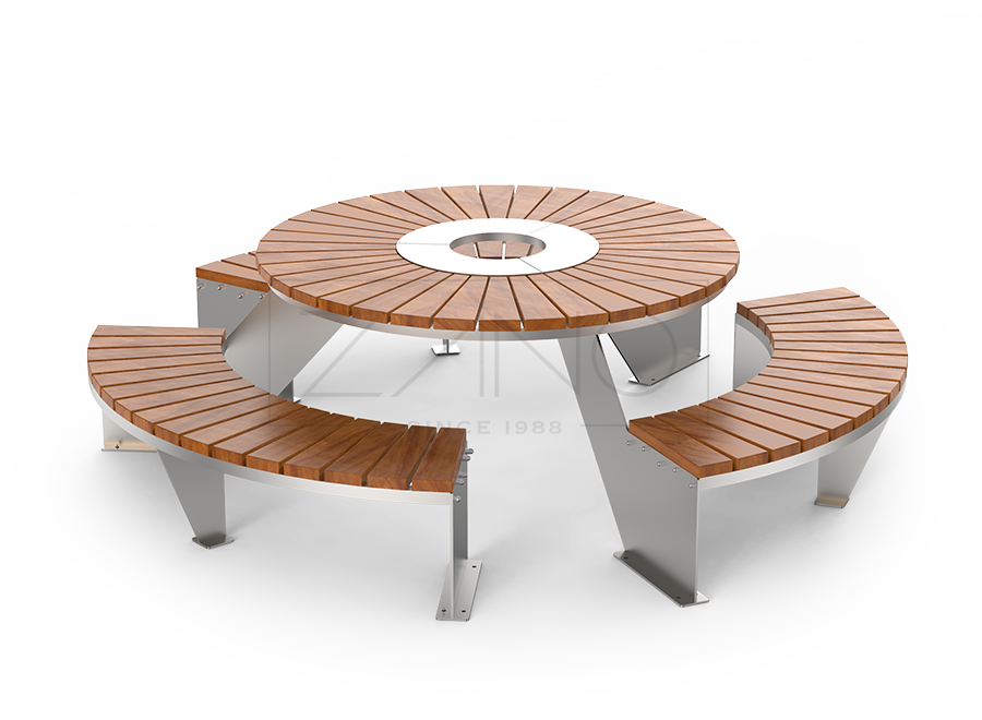 Mesa de picnic con tres bancos de acero inoxidable y madera exótica