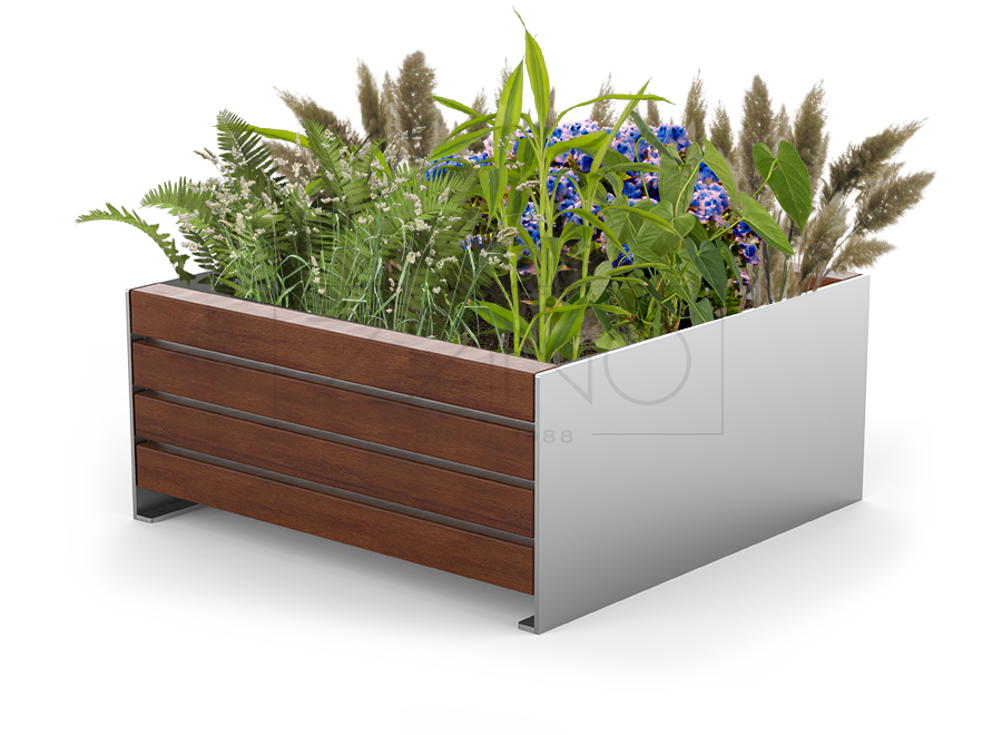 Una maceta urbana moderna de acero inoxidable y madera. Una maceta urbana moderna de acero inoxidable y madera.