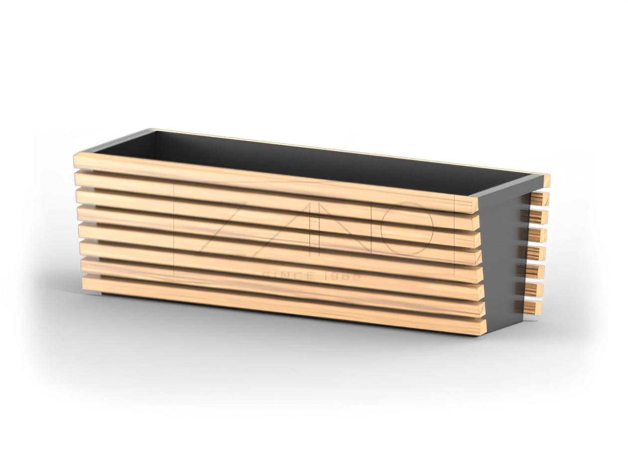 Maceta moderna de acero al carbono y madera.