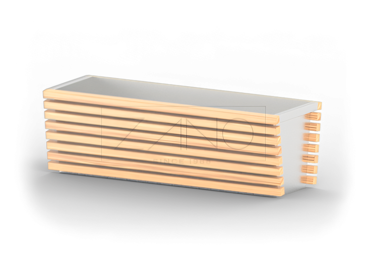 Maceta moderna de acero inoxidable y madera.