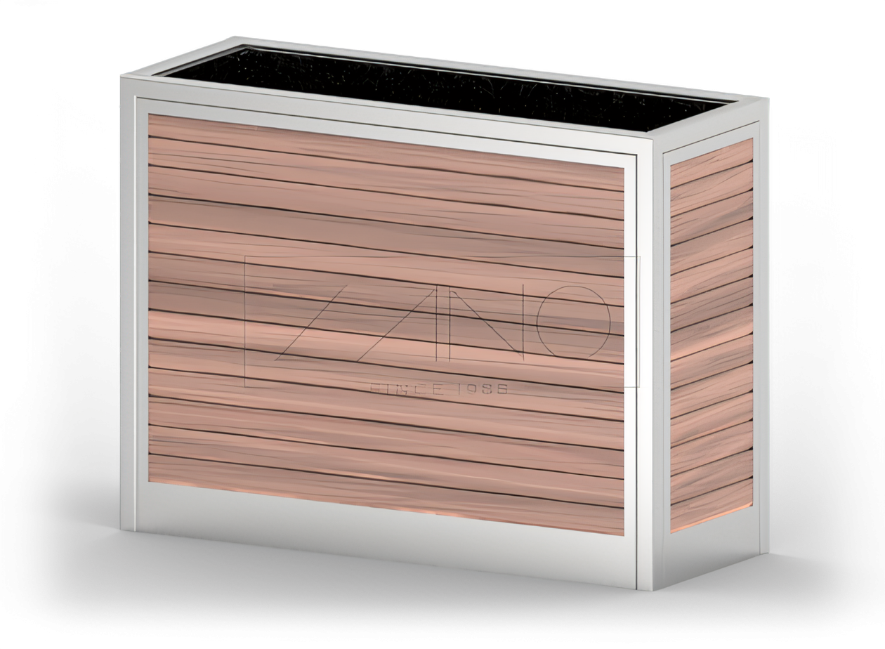 Una maceta urbana moderna de acero inoxidable y madera.