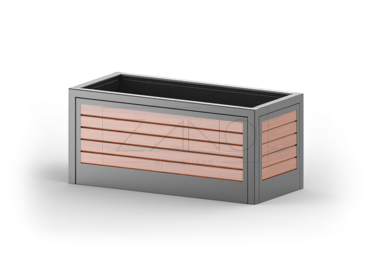 Una maceta urbana moderna de acero al carbono y madera.