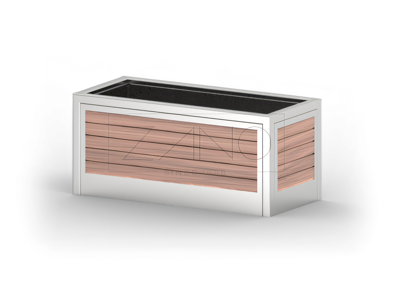 Una maceta urbana moderna de acero inoxidable y madera.