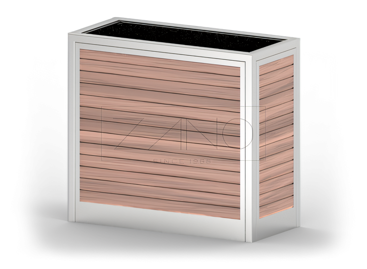 Una maceta urbana moderna de acero inoxidable y madera.