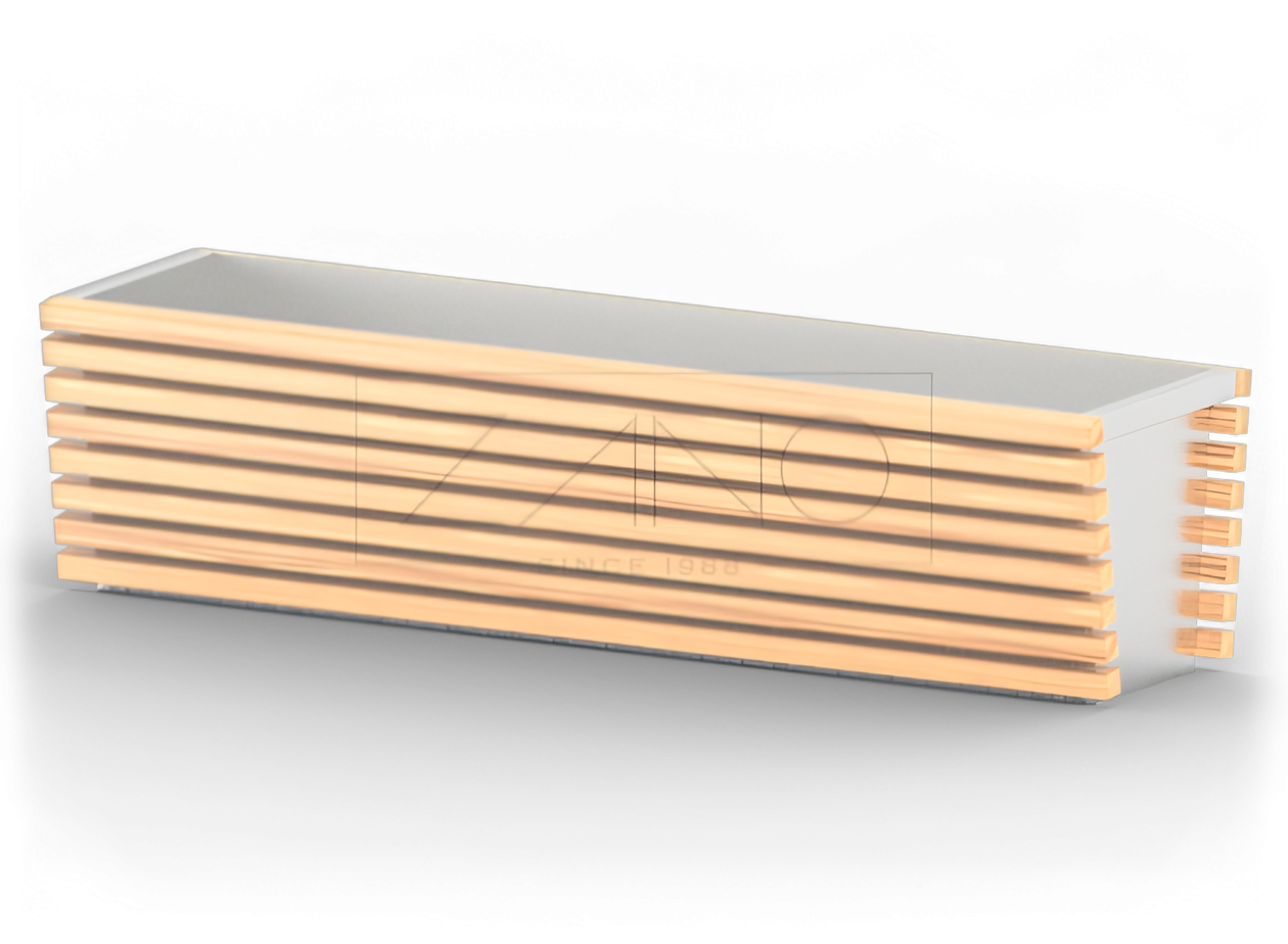 Macetero moderno hecho de acero inoxidable y elementos de madera.