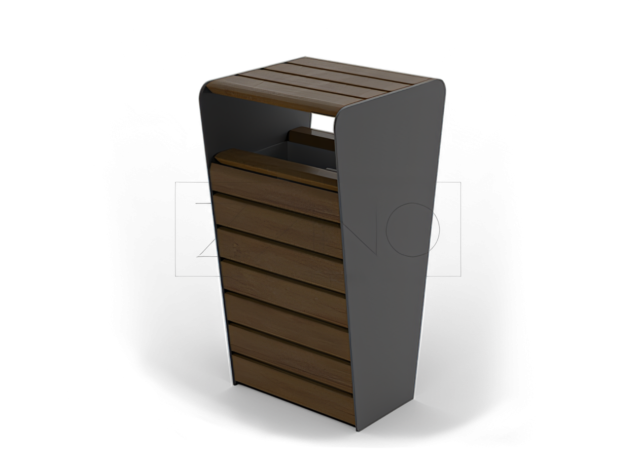 Papelera urbana Soft con techo de acero al carbono y madera Contenedor urbano Soft con techo, diseño único, hecho de acero al carbono y madera de abeto