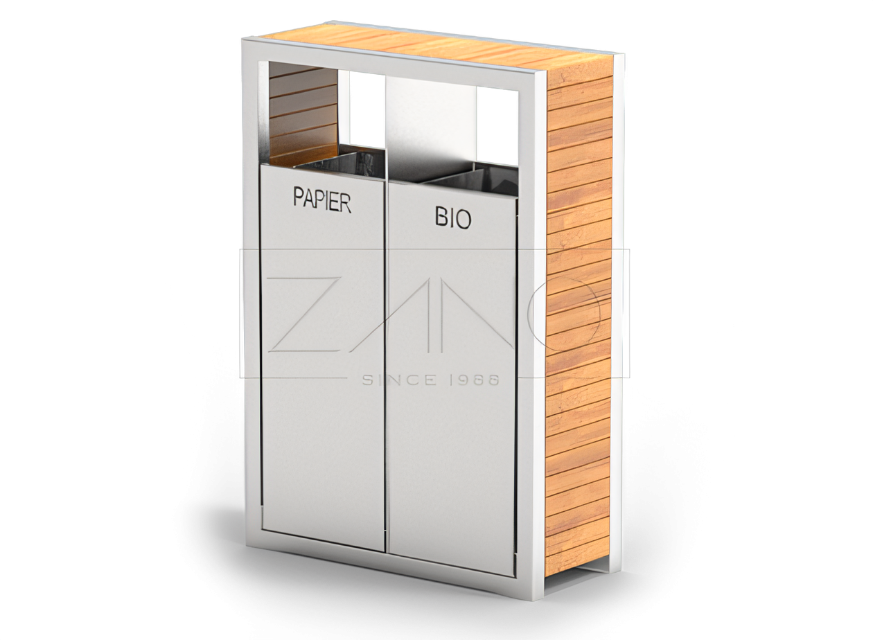 contenedor de reciclaje de doble c&aacute;mara PAVO de acero inoxidable y madera de abeto barnizada