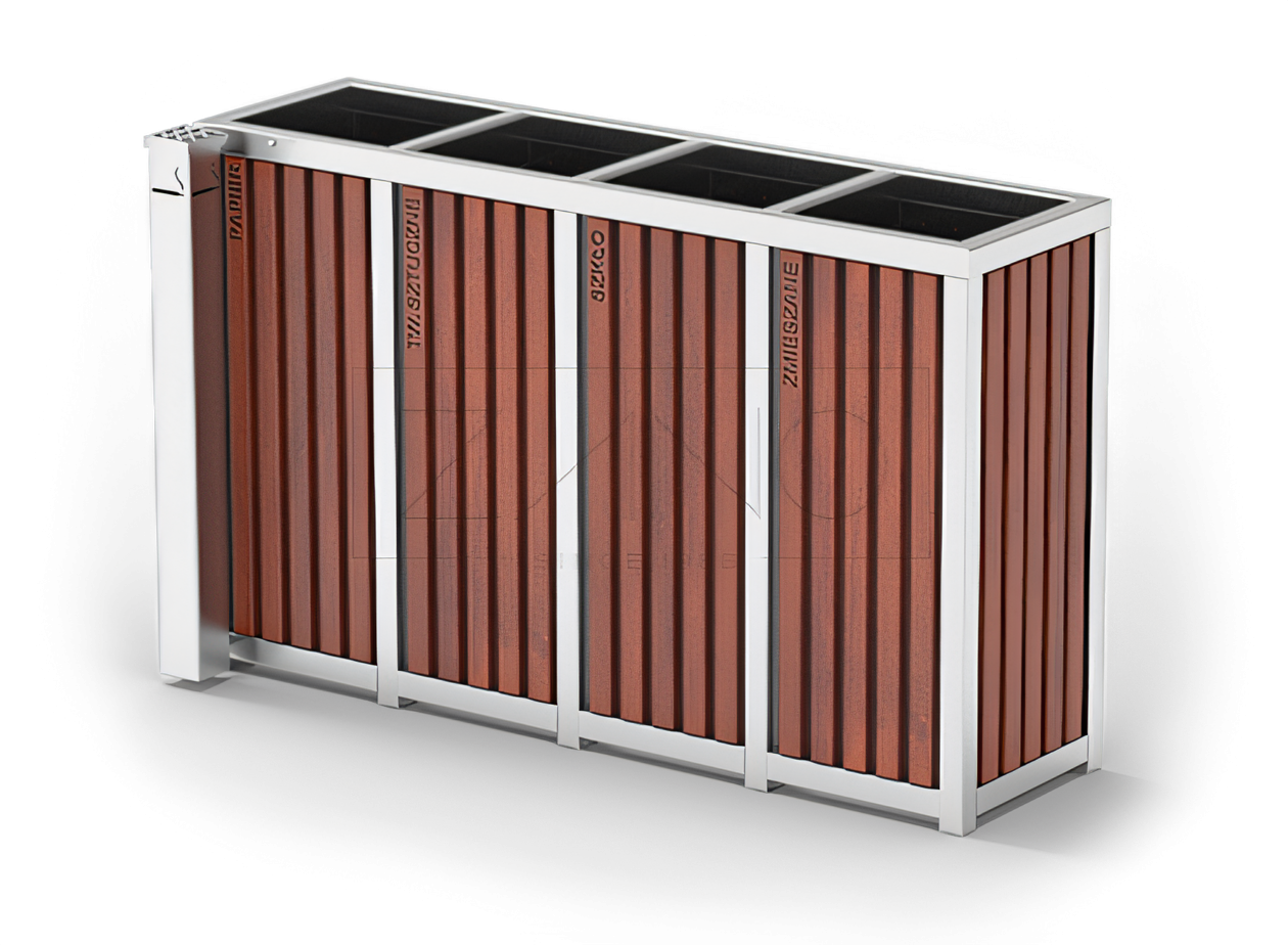 Papelera con cenicero, cuatro cámaras para la separación selectiva de residuos Papelera con cenicero, cuatro cámaras para la separación selectiva de residuos