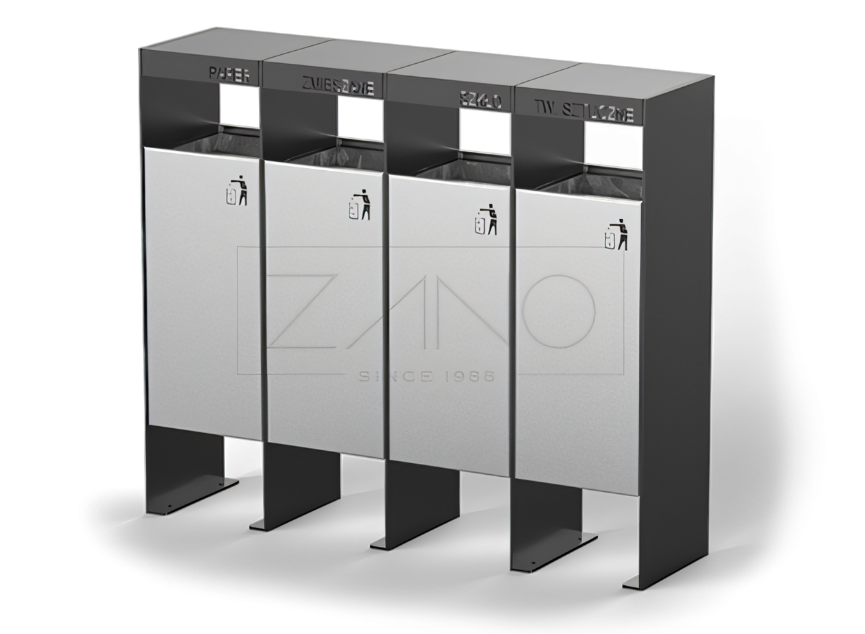 Papelera de reciclaje de cuatro contenedores de acero al carbono y acero inoxidable.