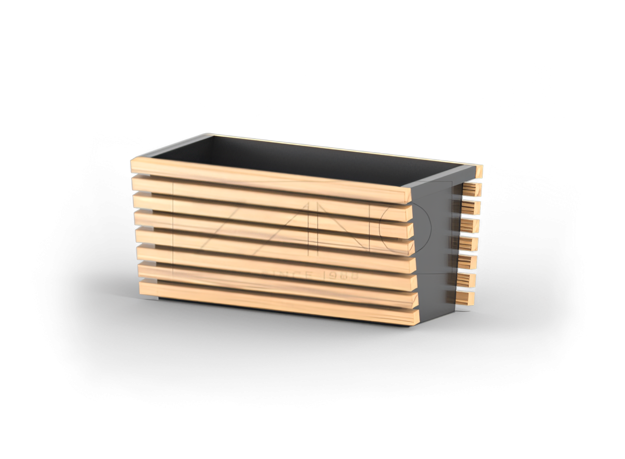 Maceta moderna hecha de acero al carbono y elementos de madera. Maceta moderna hecha de acero al carbono y elementos de madera.