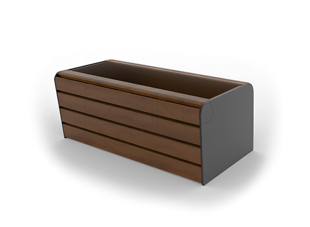 Una jardinera urbana alargada para un &aacute;rbol hecha de acero al carbono y madera