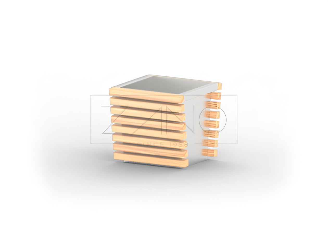 Macetero moderno hecho de acero inoxidable y elementos de madera.