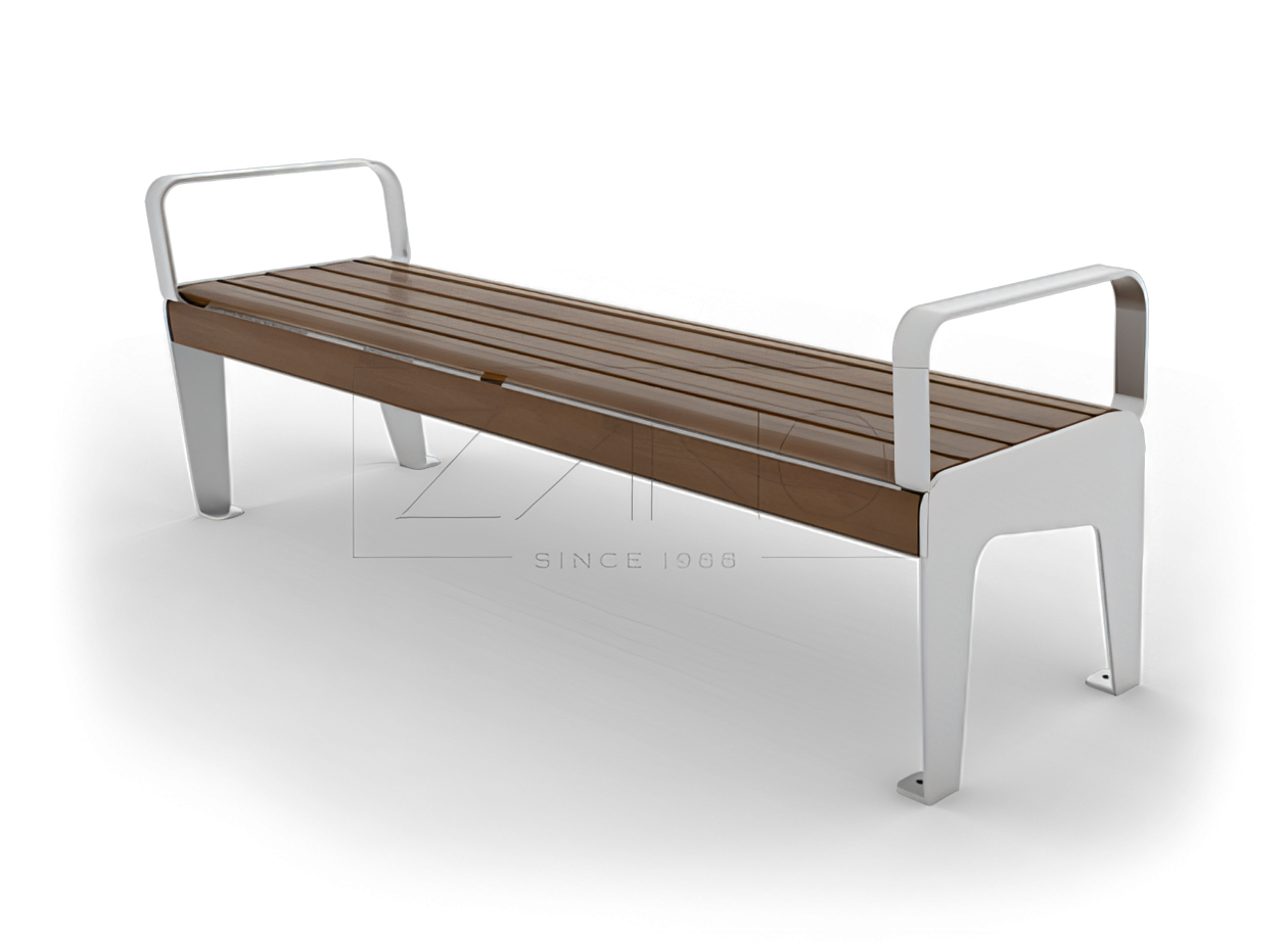 02.412.1 Banca Soft Banca de exterior realizada en acero inoxidable y madera de pino barnizada en color avellana