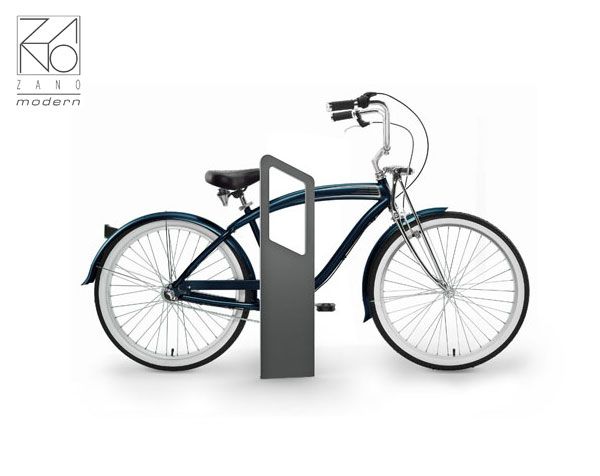 Aparcabicis moderno: una bicicleta sujeta por el cuadro.