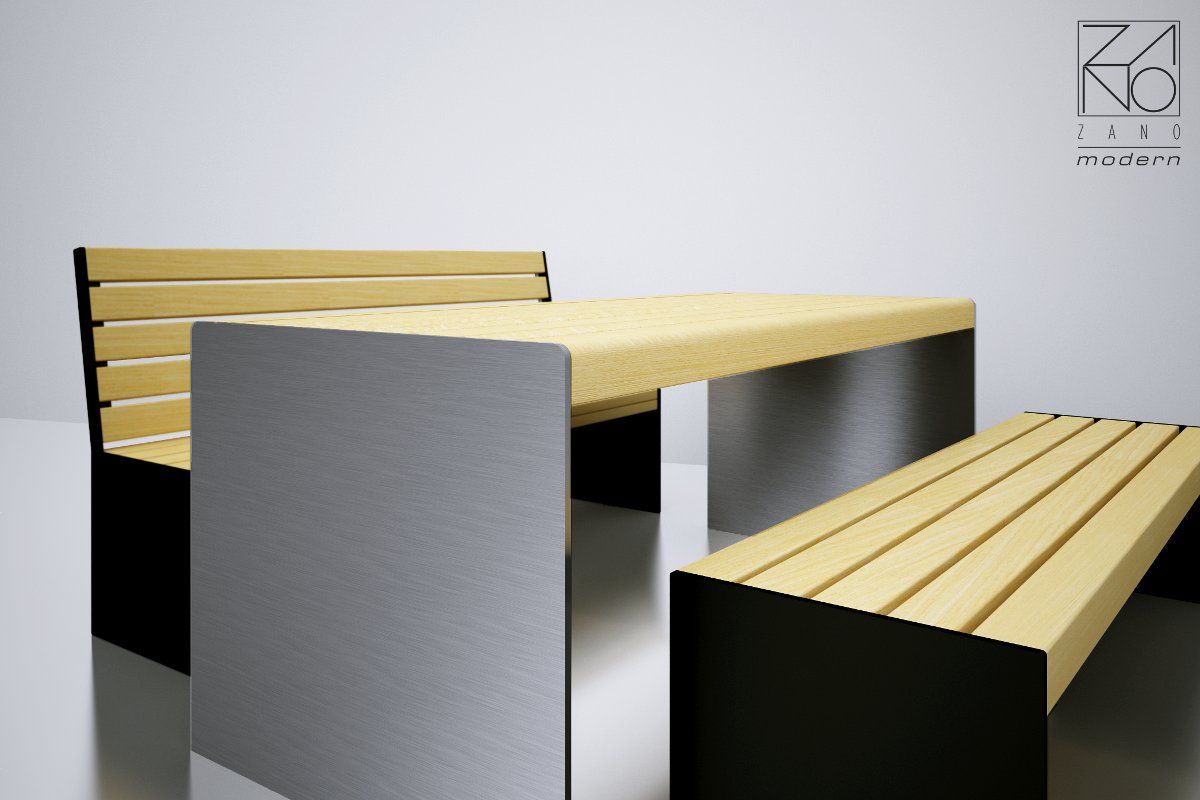 Mesa de acero inoxidable y listones de madera