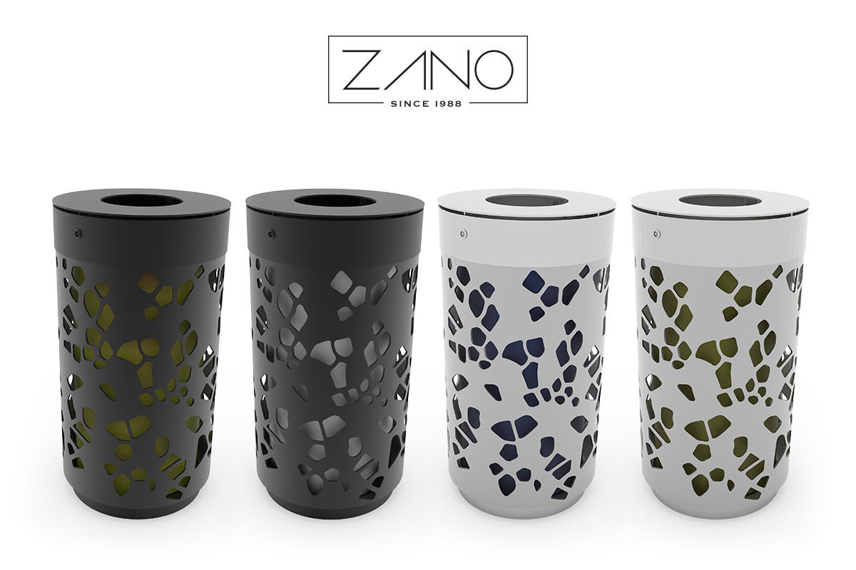 Tubus de ZANO Mobiliario Urbano son papeleras urbanas en forma de cilindro que, según la versión, están hechas de madera, tubos de acero o chapa de acero calada