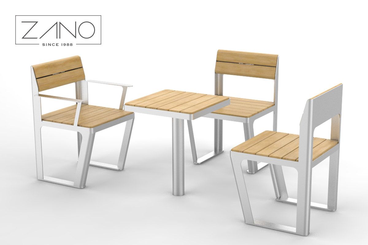 Silla y mesa para parques | Mobiliario de acero inoxidable y madera de color ciprés