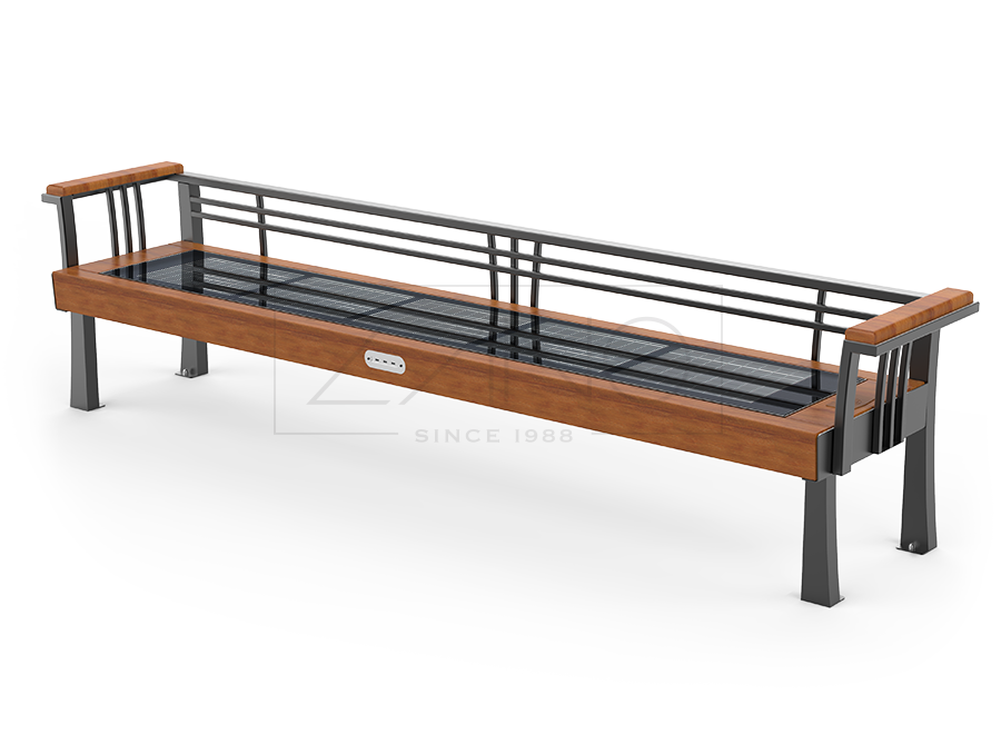 Banco solar retro fabricado en acero al carbono pintado y madera